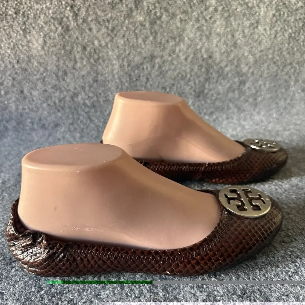Tory Burch Reva Ballet Flat in Burgundy Snakeskin Print with Silver Medallion 37